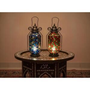 Unique pair of Moroccan Mosaic Lanterns | Handmade Glass Candle Holders, 15”